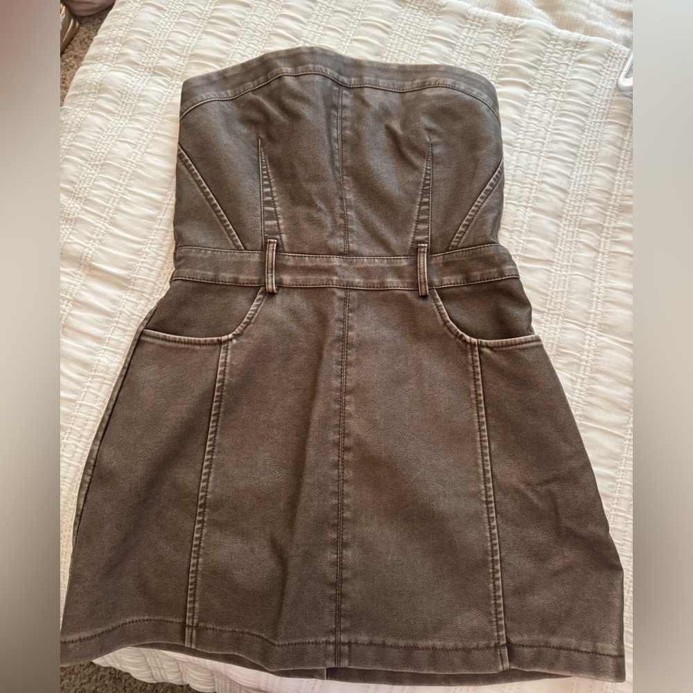 PrettyLittleThing Strapless Brown Leather Dress!